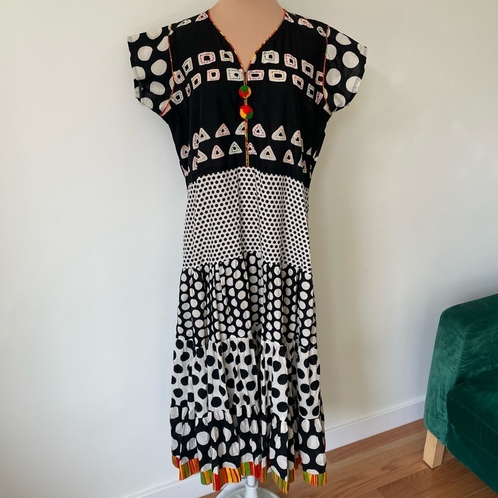 RAV-E Black White Cotton Ethnic Boho Peasant Art to Wear Maxi Dress NWT Size XXL